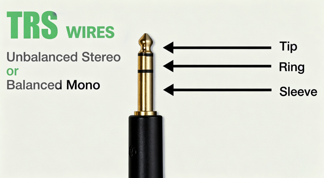 A standard TRS plug has three contacts: the Tip carries the positive signal (Hot), the Ring carries the negative signal, which is 180 degrees out of phase (Cold), and the Sleeve serves as the ground shield (Ground).