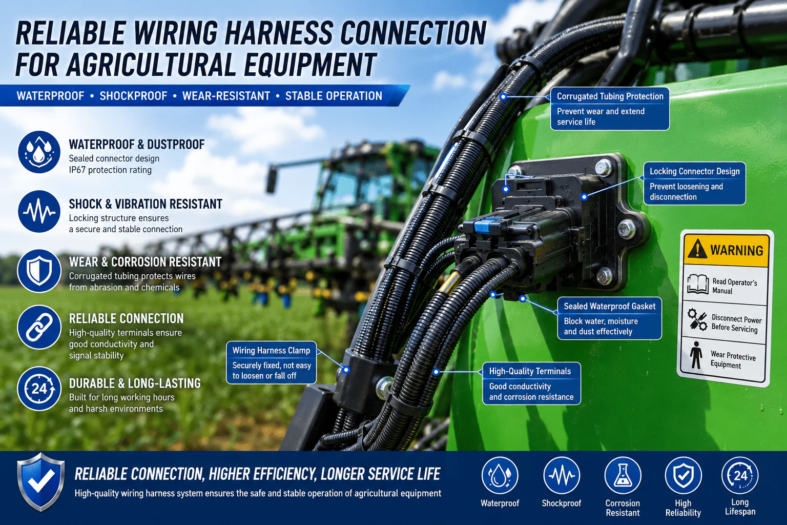 Waterproof, dustproof, vibration-resistant, and corrosion-resistant—creating a reliable wiring harness connection solution for agricultural equipment.