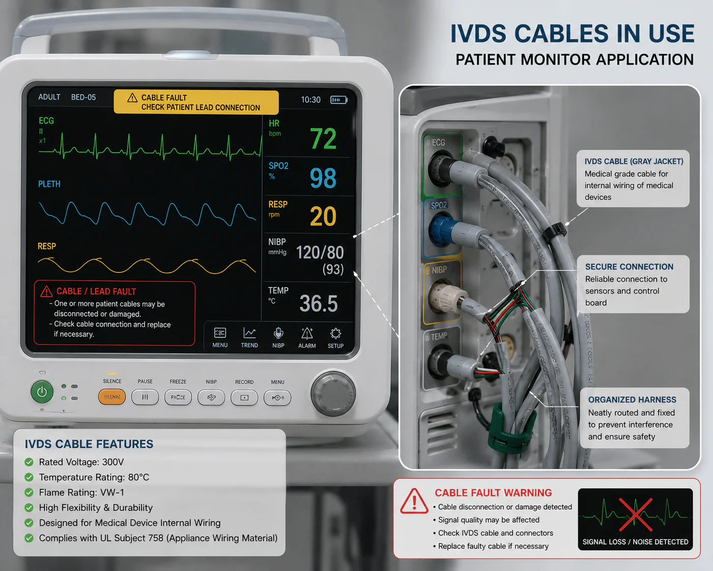 IVDS cables ensure reliable signal transmission and stable monitoring performance in critical patient care applications.