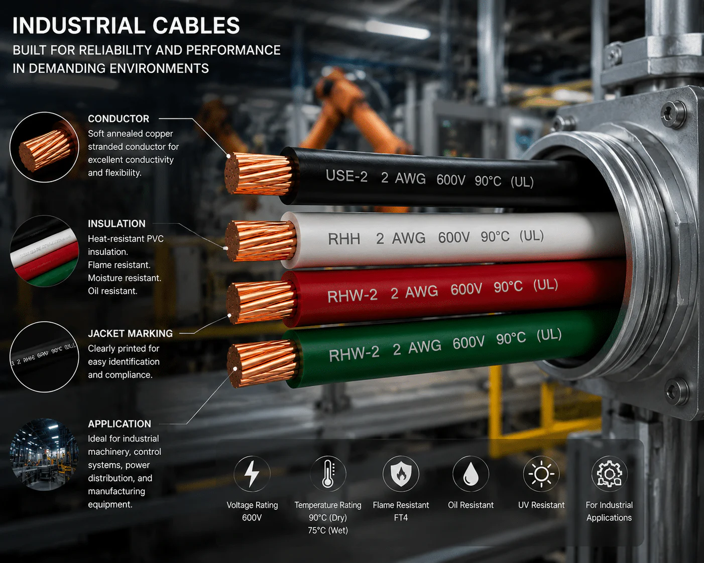 UL certified USE-2/RHH/RHW-2 2AWG industrial cable, multi-strand soft copper core, temperature resistant, flame retardant and oil resistant, 600V, suitable for factory equipment power distribution wiring.