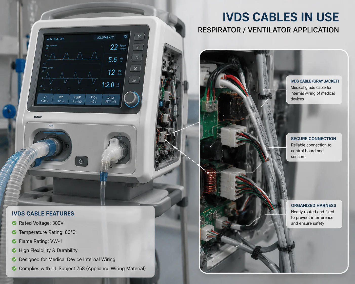 IVDS medical cables provide reliable power and signal transmission for ventilators, ensuring stable performance and patient safety.