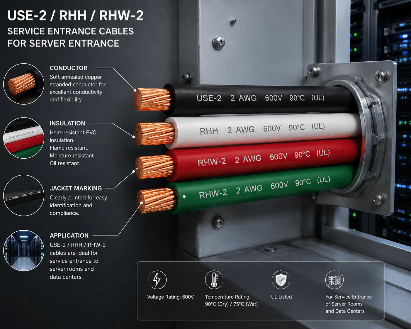 UL certified USE-2/RHH/RHW-2 2AWG incoming cable, multi-strand soft copper core, heat-resistant PVC insulation, 600V, specially designed for power distribution in computer rooms and data centers.