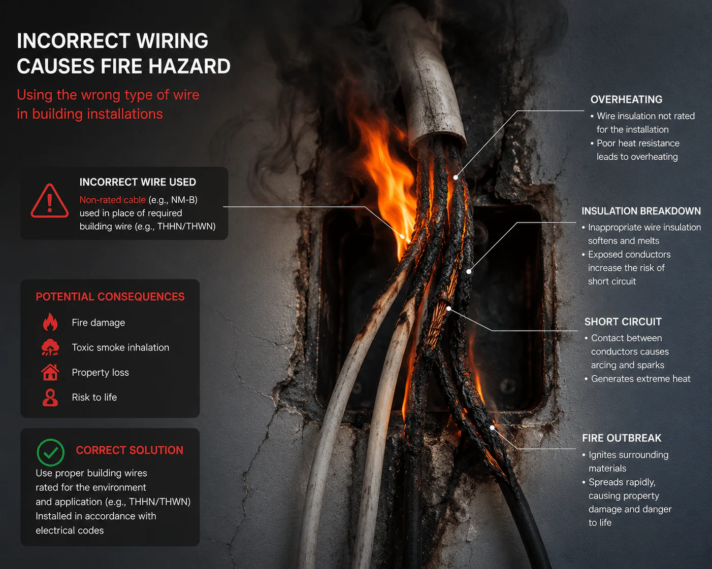 Incorrect cable selection can easily lead to overheating, insulation breakdown, short circuits, and fires. Using compliant THHN/THWN cables can avoid the risks of fire and loss of life and property.