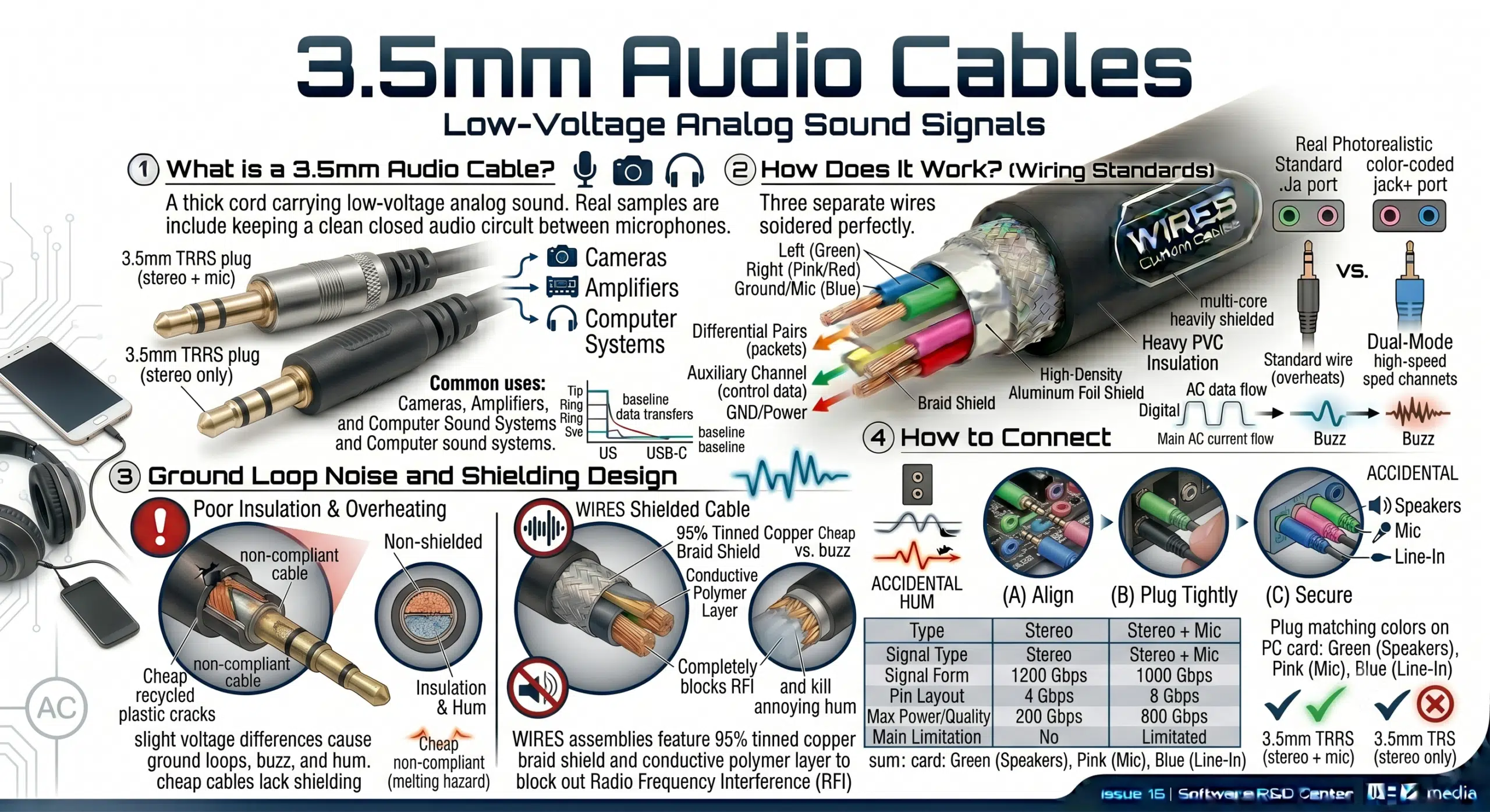 3.5mm Audio Cables 1. What is a 3.5mm Audio Cable? A 3.5mm audio cable carries low-voltage analog sound signals, and it is commonly used to keep a clean, closed audio circuit running between cameras, amplifiers, and computer sound systems. 2. How Does It Work? Inside a standard 3.5mm audio cable, there are three separate wires that build the electrical audio circuit. These wires use standard industry color codes (usually green, pink, and blue), and they must be soldered perfectly to work. This cable type works with a massive range of gear like DVD players, CD players, mixers, and microphones. 3. Ground Loop Noise and Shielding Design Because analog audio runs on very low voltage, any slight ground voltage difference between your computer motherboard and an amplifier can cause bad ground loop noise, making your speakers hum or buzz. Cheap audio cables cut corners on shielding, but WIRES audio assemblies feature a 95% coverage tinned copper braided shield paired with a conductive polymer layer to completely block out Radio Frequency Interference (RFI) and kill that annoying hum. 4. How to Connect a 3.5mm Audio Cable To set it up, plug one end into your speakers, headphones, or microphone. Then, plug the other end into the matching color-coded jack on your PC sound card: use the green jack for speakers or headphones, the pink jack for microphones, and the blue jack (Line-In) for mixing boards, CD players, or electric guitars.