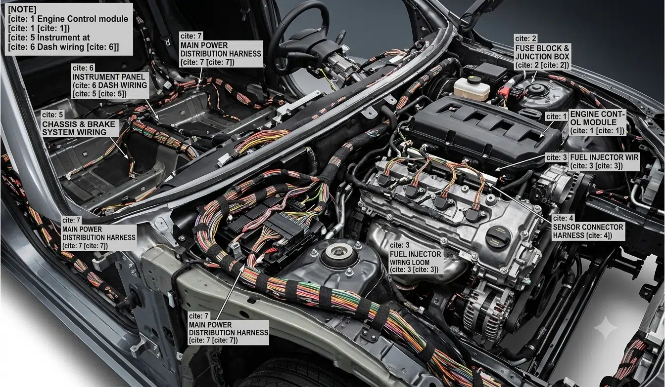 Automotive engine and chassis wiring harness layout