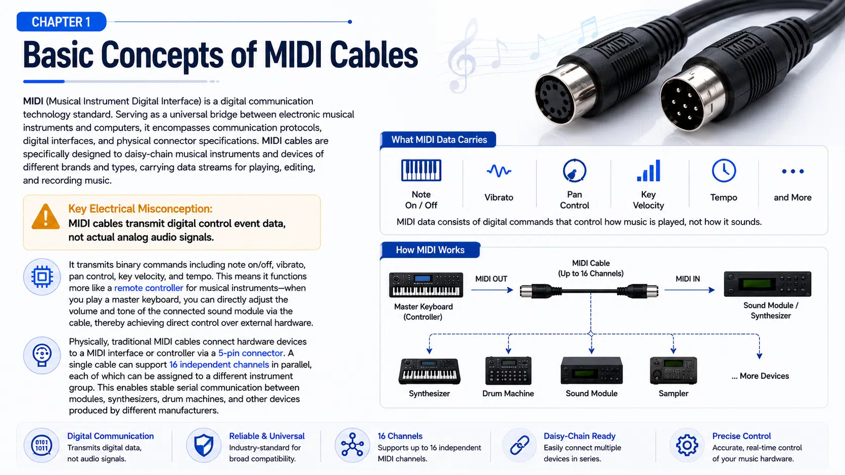 MIDI cable connectors and control data path