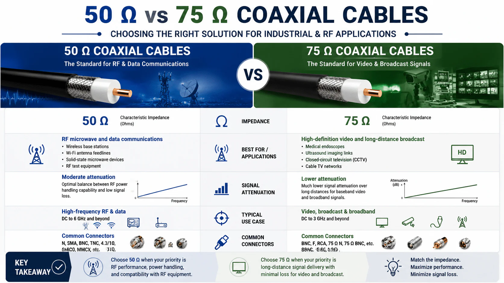 Characteristic Impedance The physical dimensions and dielectric insulation materials of coaxial cables determine their inherent impedance. The industry has established two primary standards: 50 Ohm (50 Ω): This is the baseline standard for RF microwave and data communications. It is widely used in wireless base stations, Wi-Fi antenna feedlines, solid-state microwave devices, and RF test equipment. 50 Ω coaxial cables provide an optimal physical balance between RF power handling capability and low signal attenuation. 75 Ohm (75 Ω): This is the standard for high-definition video and long-distance broadcast signal distribution. It is common in medical endoscopes, ultrasound imaging links, closed-circuit television (CCTV), and cable TV networks. 75 Ω coaxial cables offer much lower signal attenuation over long distances for baseband video and broadband signals.