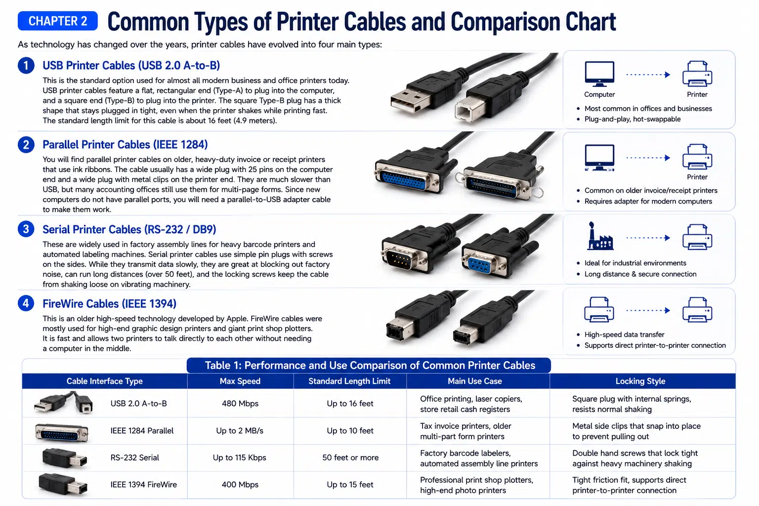 USB parallel serial and FireWire printer cable types