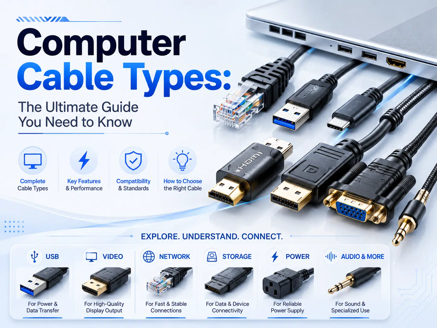 Computer Cable Types: The Ultimate Guide You Need to Know Get a close look at the most common computer cable types and their technical specs. WIRES brings you this detailed ultimate guide covering HDMI, DisplayPort, USB-C, and power cords to help you pick the most efficient custom setup. As a professional wire harness and cable assembly manufacturer, WIRES maps out the whole cable world for you, from old-school analog plugs to today's high-speed Thunderbolt setups.
