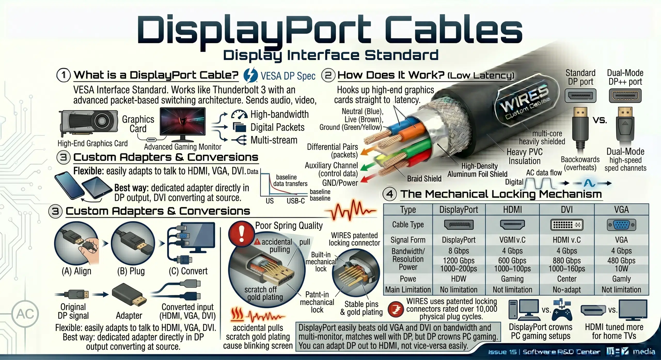 DisplayPort Cables 1. What is a DisplayPort Cable? DisplayPort (or DP cable for short) is a high-bandwidth digital video interface standard created by VESA. Its internal design works a lot like Thunderbolt 3, using an advanced packet-based data switching architecture to send audio, video, and extra control data smoothly through a single wire. 2. How Does It Work? A DP cable hooks up high-end graphics cards straight to advanced gaming monitors or industrial displays with ultra-low latency. They come in two physical styles: standard single ports and dual-mode ports (DP++) which offer incredible backward compatibility with older display types. 3. Custom Adapters and Cable Conversions DisplayPort is incredibly flexible and can easily adapt to talk to HDMI, VGA, or DVI screens. The best way to do this is to plug a dedicated adapter directly into the computer's DP output port, converting the signal right at the source to match whatever input wire your monitor uses. 4. The Mechanical Locking Mechanism and Pin Wear Unlike HDMI which just uses friction to stay in place, a standard DisplayPort connector features a built-in spring-loaded mechanical lock. If the spring quality is poor, pulling the cable by accident can warp the internal pins or scratch off the gold plating, which eventually causes a blinking or flashing screen. To ensure total reliability on industrial monitors and gaming setups, WIRES uses patented locking connectors rated for over 10,000 physical plug cycles. 5. Quick Comparison: DisplayPort vs. HDMI vs. DVI vs. VGA Cable Type Signal Form Bandwidth / Resolution Power Core Advantage Main Limitation DisplayPort Digital Packets Ultra-High (Perfect for PC gaming & high-res) Supports multi-stream daisy chaining & easy adapting Mostly limited to PCs and pro gear HDMI Digital TMDS High (Excellent for TVs and media gear) Massive adoption across home theater gear Lags slightly behind DP on ultra-high PC refresh rates DVI Pure Digital Medium (Good for standard LCD monitors) Great backward compatibility for mid-generation gear Bulky plug, does not carry audio signals VGA Pure Analog Low (Prone to high-frequency fuzziness) Can run long distances on heavy-gauge wire Video only, weak noise resistance Looking at the technical specs, DisplayPort easily beats old VGA and DVI tech on overall bandwidth and multi-monitor features. While HDMI matches up well with DP, it is tuned more for home TVs, whereas DP holds the crown for PC gaming setups. You can adapt a DP port out to an HDMI screen, but you cannot easily plug an HDMI PC into a raw DP monitor without a pricey active converter box.