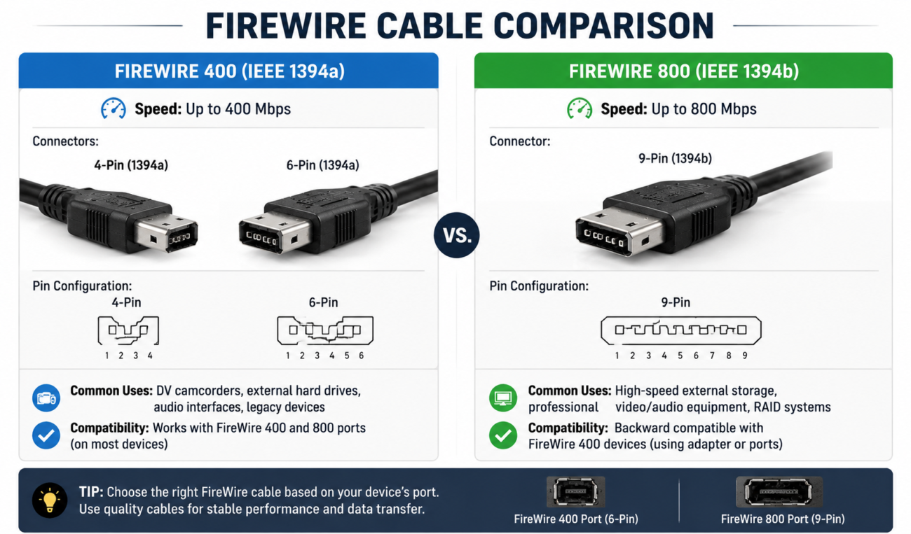 FireWire 400 and FireWire 800 connector comparison