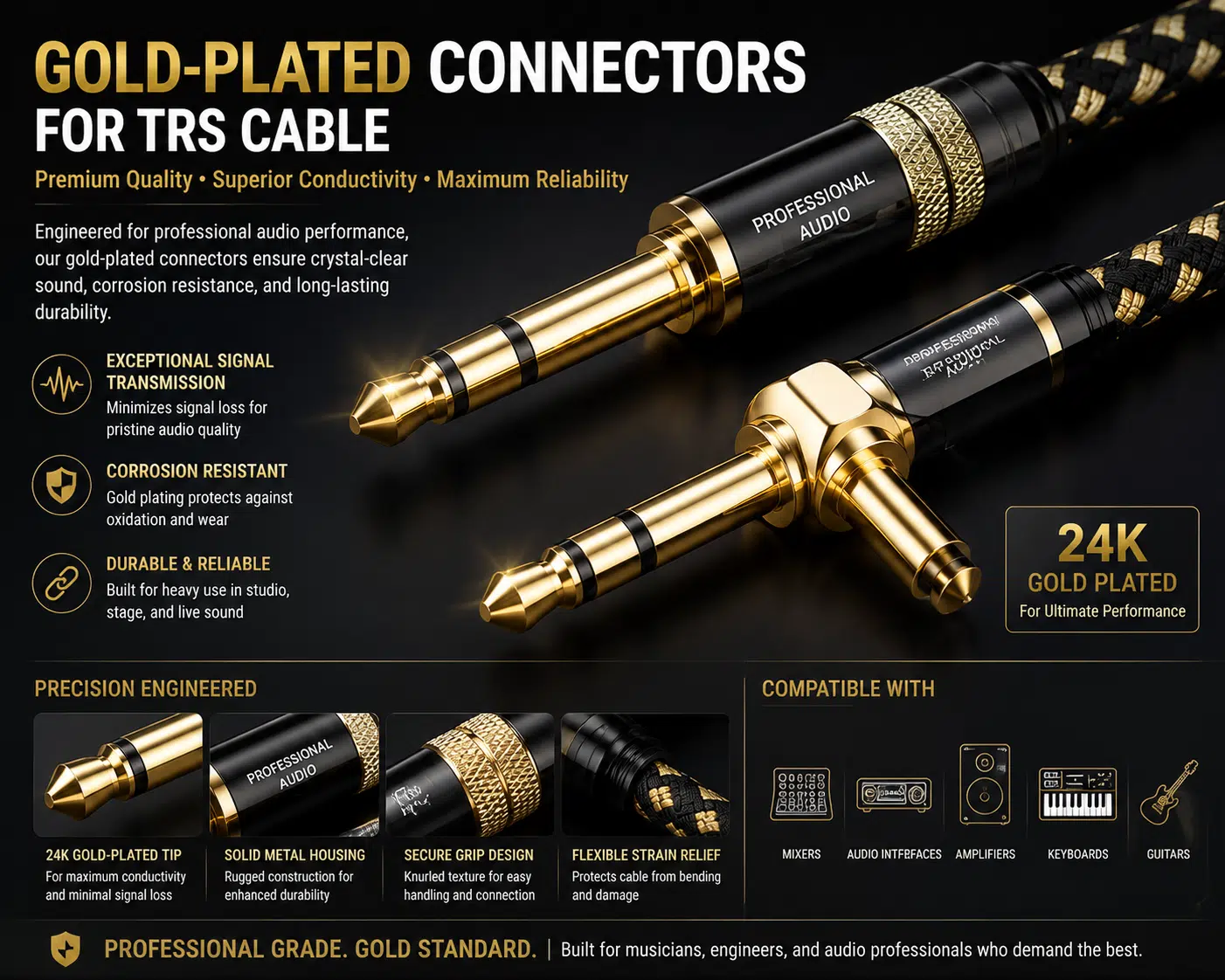 Gold-plated TRS plugs for stage audio cables