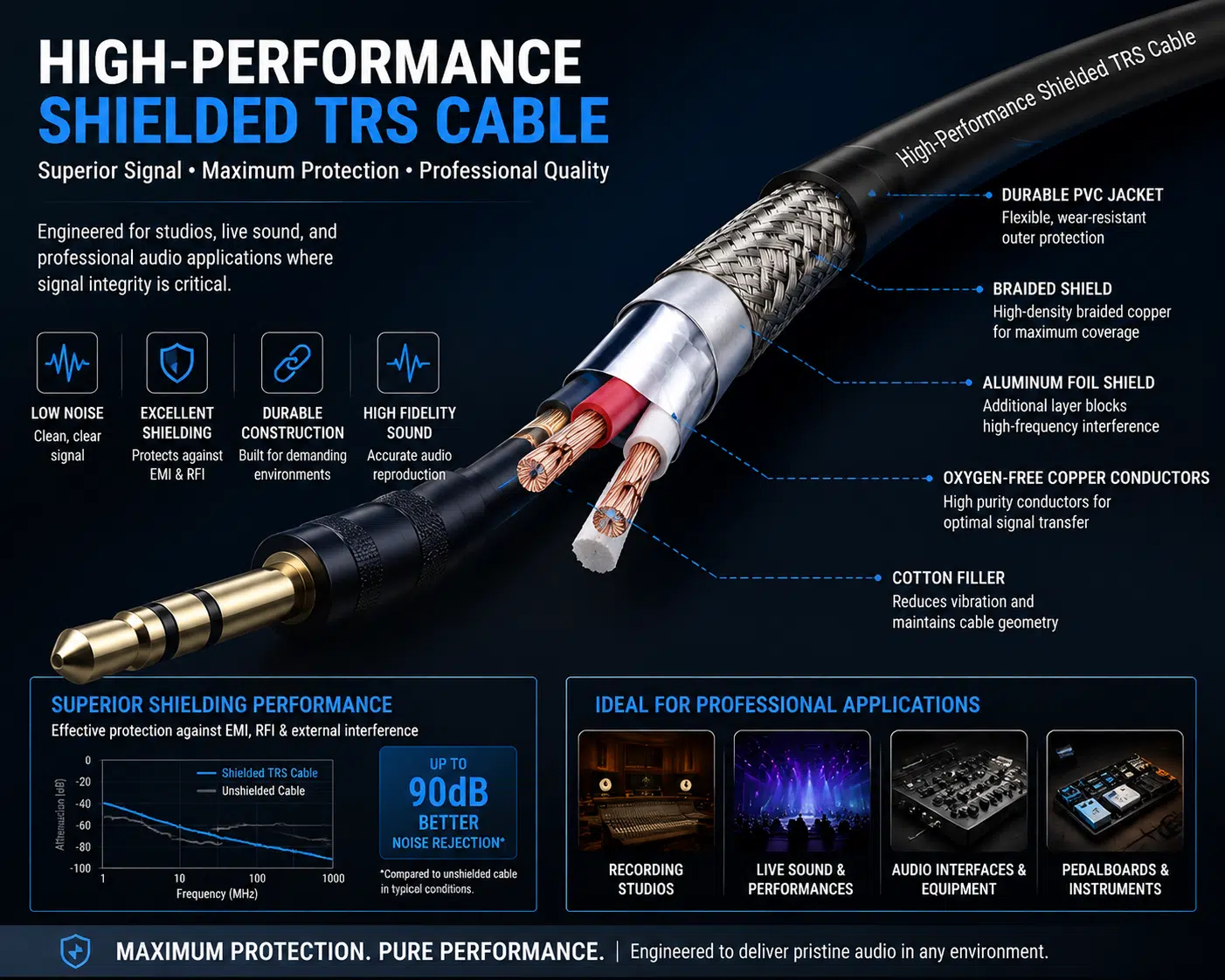 Shielded TRS cable construction for balanced audio