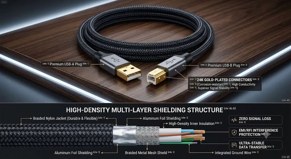 USB A-B printer cable construction and shielding