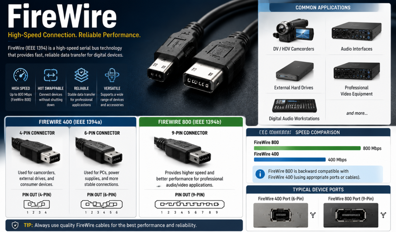 IEEE 1394 FireWire cable connectors and applications