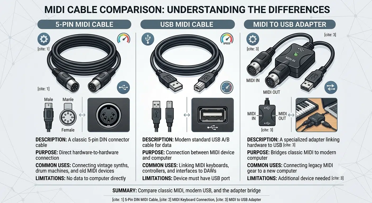 Comparison Chart of Common MIDI Cables and Adapters