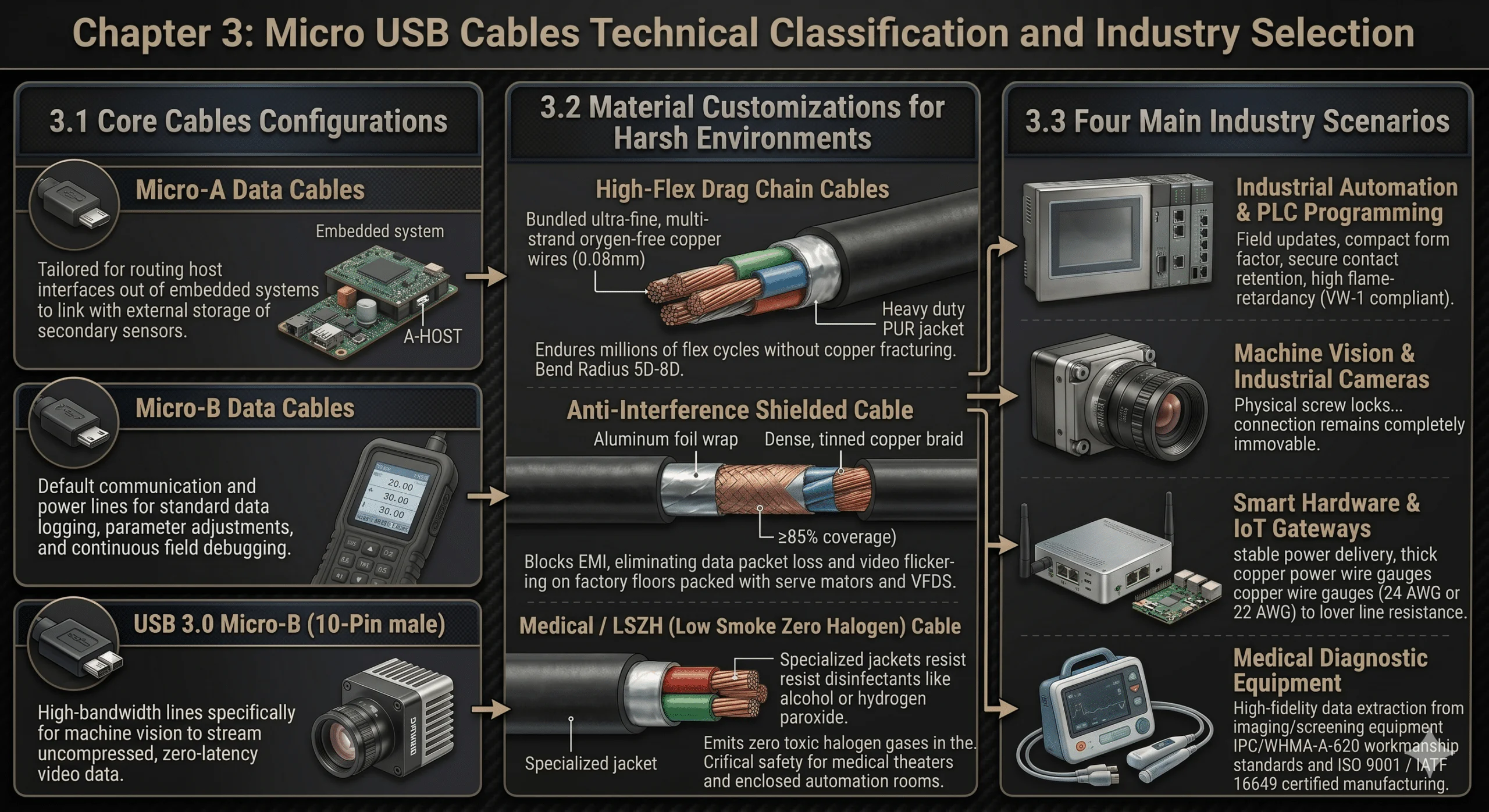 Chapter 3: Micro USB Cables Technical Classification and Industry Selection In rigorous B2B environments, Micro USB cables differ heavily based on their internal wire gauge, shielding configuration, and outer jacket compounding. 3.1 Core Cables Configurations Micro-A Data Cables: Tailored for routing host interfaces out of embedded system enclosures to link with external storage or secondary sensors. Micro-B Data Cables: The default communication and power lines used for standard data logging, parameter adjustments, and continuous field debugging. USB 3.0 Cables (10-Pin): High-bandwidth lines engineered specifically for machine vision setups to stream uncompressed, zero-latency video data. 3.2 Material Customizations for Harsh Environments High-Flex Drag Chain Cables: Built for the repetitive motion of robotic arms and pick-and-place slides. They utilize ultra-fine, multi-strand oxygen-free copper wires (e.g., 0.08mm) protected by a heavy-duty PUR (polyurethane) jacket. Featuring a bend radius of 5D to 8D, these cables endure millions of continuous flex cycles without copper fracturing. Anti-Interference Shielded Cables: Indispensable for factory floors packed with high-frequency radiation from servo motors and variable frequency drives (VFDs). They feature an aluminum foil wrap combined with a dense, tinned copper braid (≥85% coverage) to block EMI, eliminating data packet loss and video flickering. Medical / LSZH (Low Smoke Zero Halogen) Cables: Designed with specialized jackets that withstand aggressive medical disinfectants like alcohol or hydrogen peroxide. In case of fire, they emit zero toxic halogen gases, fulfilling crucial safety criteria for medical theaters and enclosed automation rooms. 3.3 Four Main Industry Scenarios 3.3.1 Industrial Automation & PLC Programming Used daily for field updates and programming PLCs, HMIs, and smart meters. Deployed cables must favor a compact form factor, highly secure contact retention, and high flame-retardancy (such as VW-1 compliance). 3.3.2 Machine Vision & Industrial Cameras High-speed inspection cameras experience severe, non-stop equipment vibration. These applications demand custom cables equipped with physical screw locks to ensure the data connection remains completely immovable. 3.3.3 Smart Hardware & IoT Gateways For remote data hubs and single-board computers (SBCs), the primary concern is stable power delivery. Buyers must select cables with thick copper power wire gauges—specifically 24 AWG or 22 AWG—to lower line resistance and avoid the critical voltage drops that cause unexpected system reboots. 3.3.4 Medical Diagnostic Equipment Used for high-fidelity data extraction from portable imaging and screening equipment. These cables must be manufactured in facilities adhering strictly to IPC/WHMA-A-620 workmanship standards and certified under ISO 9001 or IATF 16949 quality systems.