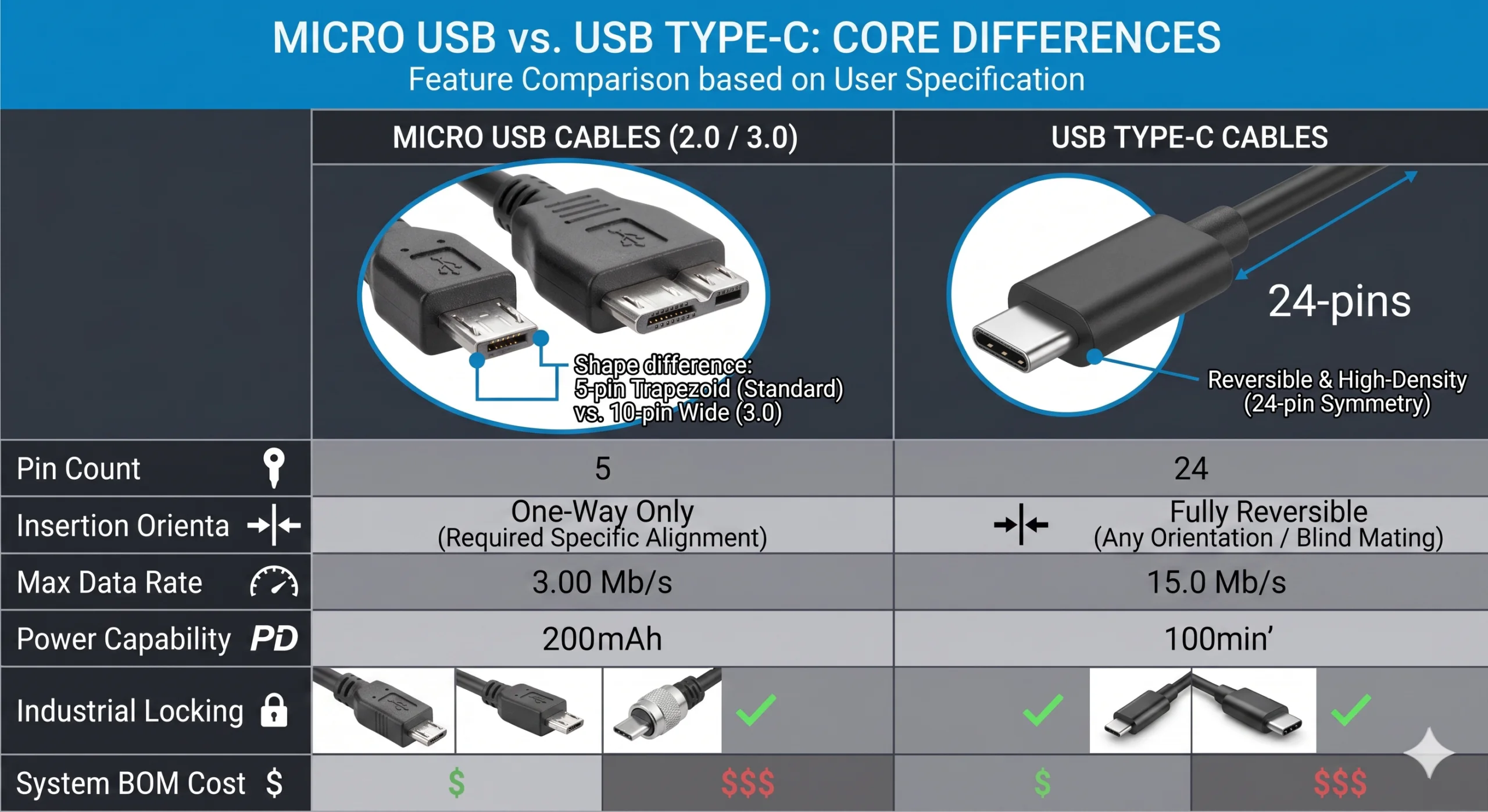 Micro USB Cables vs. USB Type-C Core Differences Feature / Specification Micro USB Cables (2.0 / 3.0) USB Type-C Cables Pin Count 5 Pins (2.0) / 10 Pins (3.0) 24 Pins Insertion Style One-way (trapezoidal layout) Reversible (blind mating) Max Data Rate 480 Mbps (2.0) / 5 Gbps (3.0) 10 Gbps / 20 Gbps / 40 Gbps+ Power Capacity Max 5V 2A (10W), up to 15W under protocols 15W standard, up to 100W / 240W via Power Delivery Industrial Locking Highly mature; vast catalog of single/dual screw locks Locking options exist, but dense pins make the assembly fragile System BOM Cost Extremely Low (massive savings on circuit design and port costs) Higher (requires CC controllers, multi-layer PCBs, and protection)