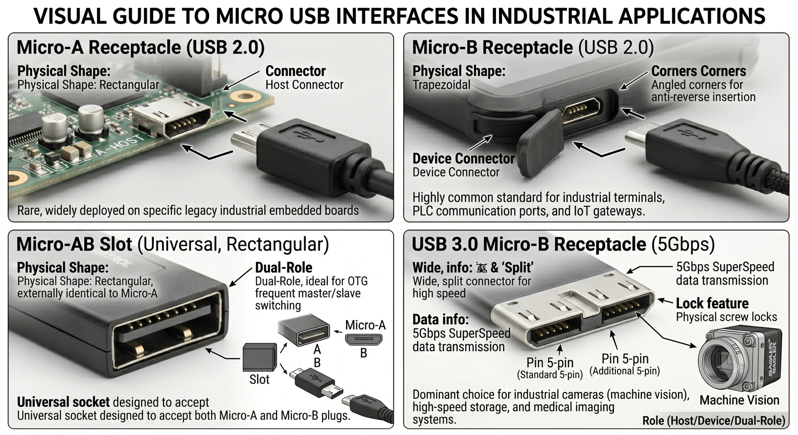 Chapter 2: Micro USB Interface Types Before selecting your cables, you must identify the exact physical Micro USB port layout on your hardware: Micro-A Interface: Recognizable by its rectangular shape, typically used as a Host connector. It is rare today but still widely deployed on specific legacy industrial embedded boards. Micro-B Interface: The highly common trapezoidal shape with distinct angled corners for anti-reverse (fool-proof) insertion. It is the standard choice for industrial smart terminals, PLC communication ports, and IoT gateways. Micro-AB Slot: A universal, rectangular socket designed to accept both Micro-A and Micro-B plugs. It is ideal for control systems requiring frequent master/slave role switching. USB 3.0 Micro-B Interface: A wide, 10-pin split connector designed for 5Gbps SuperSpeed data transfer. It is the dominant choice for industrial cameras (machine vision), high-speed storage, and medical imaging systems, and almost always features physical screw locks.