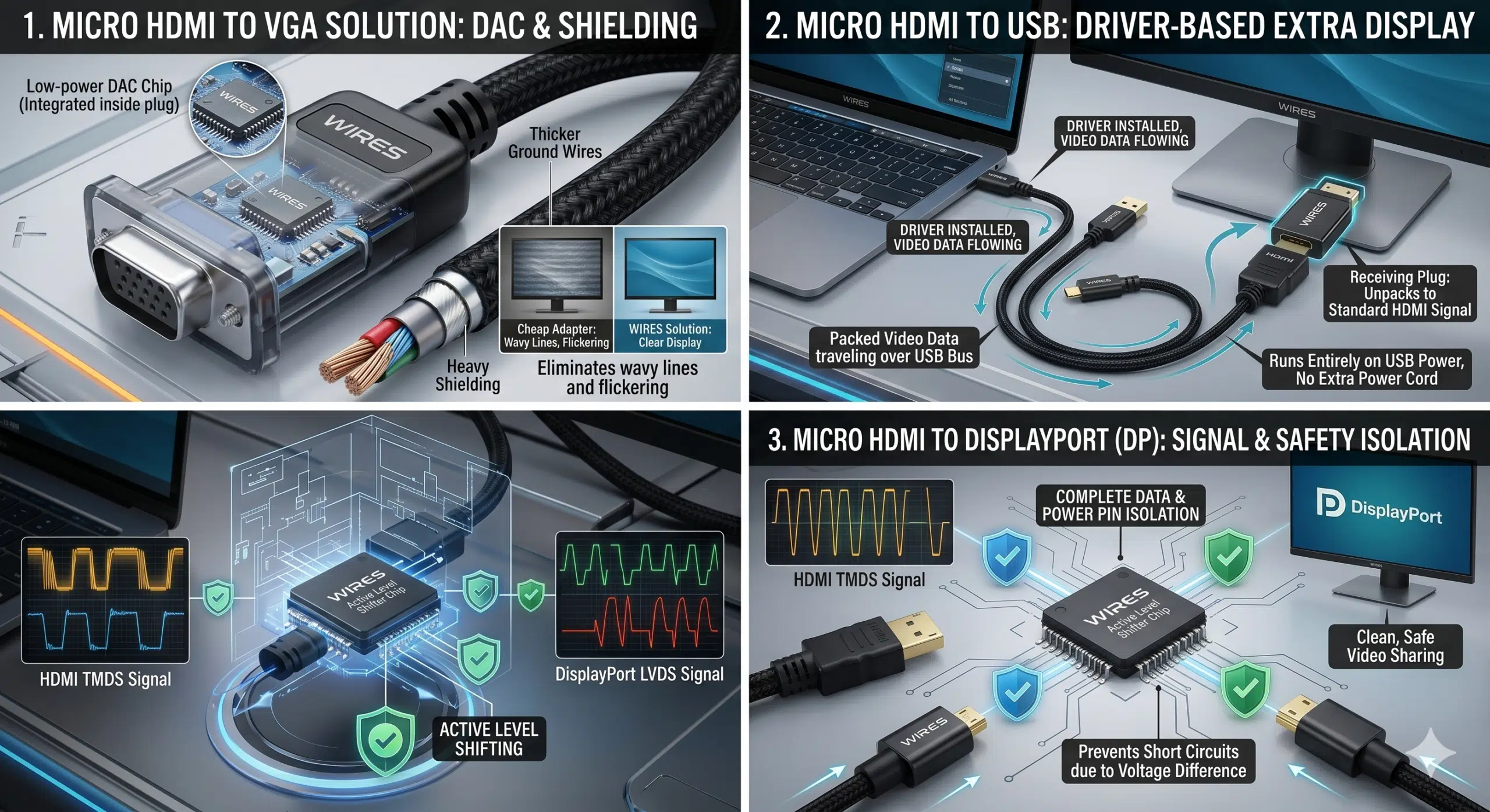 When mixing different systems, engineers often need to bridge a Micro HDMI line into older or different kinds of data ports. Micro HDMI to VGA: VGA is a traditional analog setup and cannot read digital HDMI data directly. The WIRES solution builds a low-power digital-to-analog converter (DAC) chip right inside the plug. We also use thicker ground wires and heavy shielding to eliminate the wavy lines and flickering common in cheap adapters. Micro HDMI to USB: This setup is used to add an extra display via a standard USB port when a machine lacks a dedicated video out. You simply install the included driver, which allows the computer to pack video data over the USB bus. The receiving plug then unpacks it into a standard HDMI signal, running entirely on USB power without an extra power cord. Micro HDMI to DisplayPort (DP): DisplayPort uses an LVDS signal setup, which clashes with HDMI's TMDS layout. To prevent short circuits caused by voltage differences when joining devices, WIRES isolates the data lines and power pins completely, using an active level shifter chip for clean, safe video sharing.