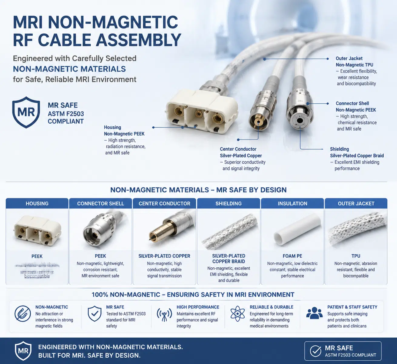 Non-magnetic material options for MRI cable assemblies