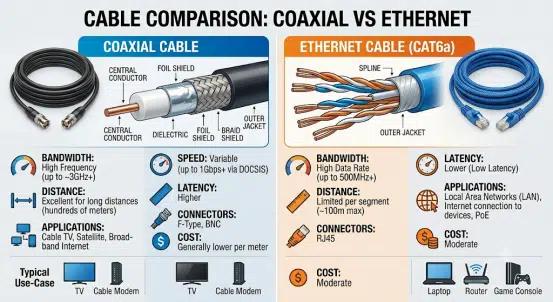 Comparison of coaxial and Ethernet cables in structure, performance, and usage.