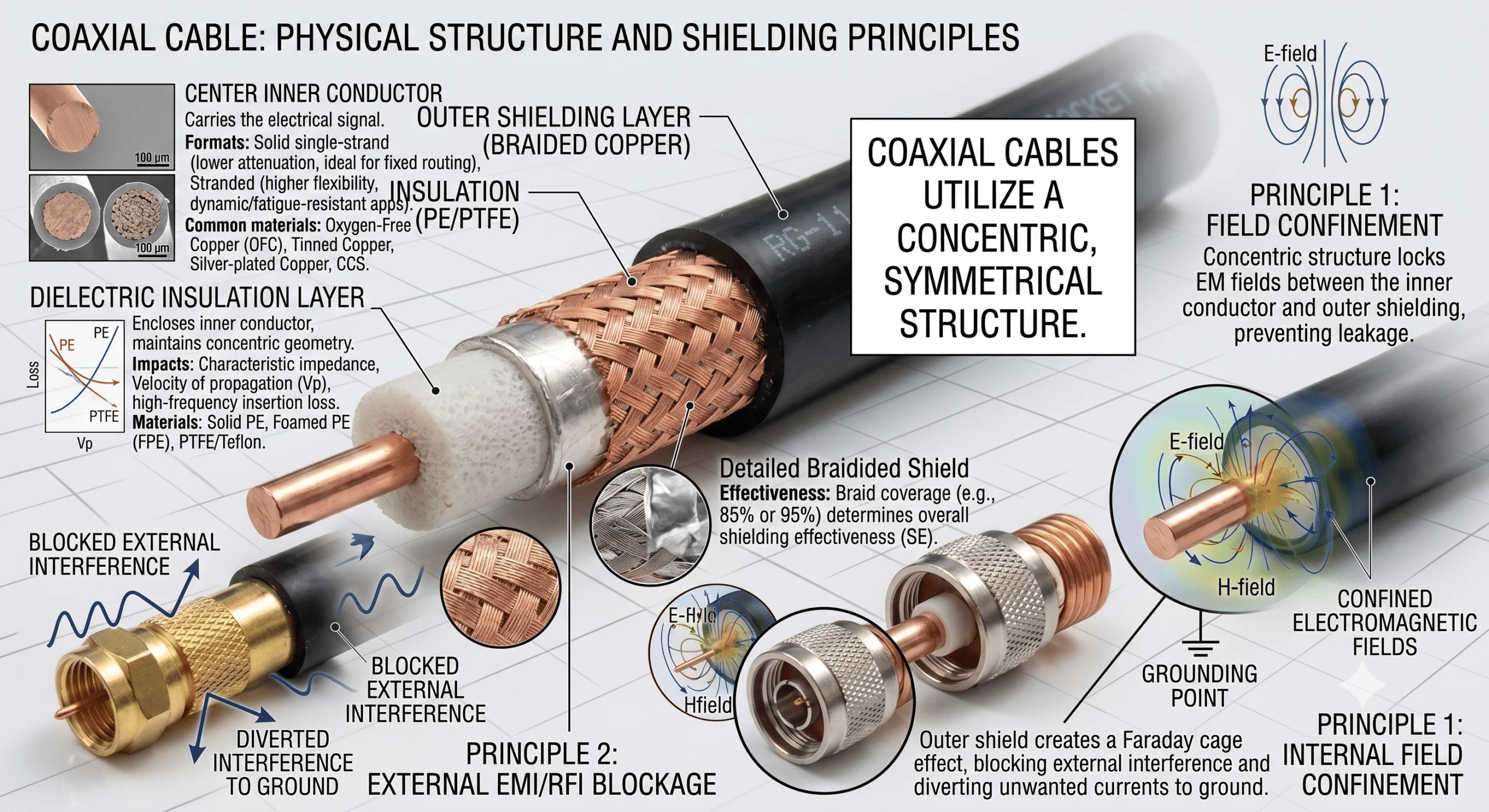 Physical Structure and Shielding Principles of Coaxial Cables Coaxial cables utilize a concentric, symmetrical structure. This design confines the electromagnetic fields generated during signal transmission. These fields remain locked between the inner conductor and the outer shielding layer. As a result, this specialized architecture minimizes external electromagnetic interference (EMI). It also significantly reduces radiation loss. Standard industrial-grade coaxial cables consist of four precise layers, from the inside out: Center Inner Conductor: This layer carries the electrical signal. It is categorized into solid single-strand conductors and stranded conductors. Solid conductors offer lower attenuation, making them ideal for fixed routing. Stranded conductors provide higher flexibility, which is perfect for dynamic, fatigue-resistant applications. Common base materials include oxygen-free copper (OFC), tinned copper, silver-plated copper, or copper-clad steel (CCS). Dielectric Insulation Layer: This layer encloses the inner conductor tightly. It maintains the critical concentric geometry. Its dielectric constant directly impacts the characteristic impedance, velocity of propagation (Vp), and high-frequency insertion loss of the coaxial cables. Common industrial materials include solid polyethylene (PE), foamed polyethylene (FPE), or polytetrafluoroethylene (PTFE/Teflon). Outer Shielding Layer / Outer Conductor: This layer completes the electrical signal return path. It effectively blocks external electromagnetic noise. It typically uses a combined structure of aluminum foil and a tinned copper wire braid. The aluminum foil handles high-frequency shielding. The wire braid provides low-frequency shielding. The braid coverage percentage (such as 85% or 95%) directly determines the overall shielding effectiveness (SE). Outer Jacket: This outermost layer protects the entire cable assembly from physical stress and chemical damage. Common compounds include general-purpose PVC, and wear-resistant, oil-resistant polyurethane (PUR). For harsh environments, weather-resistant polyethylene (PE) or low-smoke zero-halogen (LSZH) flame-retardant materials are widely used.