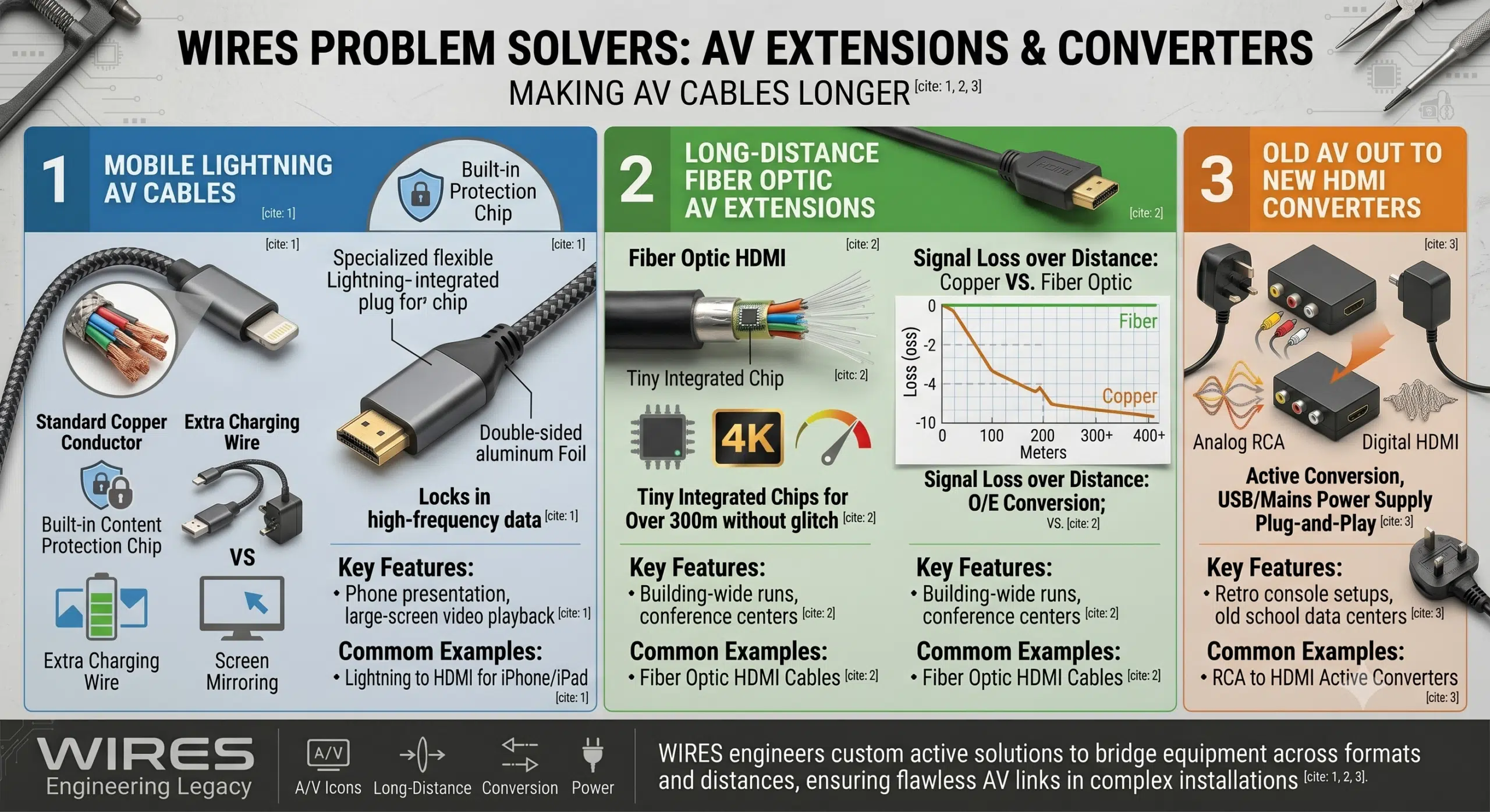 Problem Solvers: Extensions and Converters Real-world installations always bring headaches—like trying to connect an old machine to a new monitor, or running wires across an entire building. Off-the-shelf cables won't work here; you need active, engineered solutions. 1. Mobile Lightning AV Cables For phone users, these lightweight AV cables let you instantly mirror your iPhone or iPad screen onto a giant TV. They feature a built-in content protection chip for a smooth AV input experience on the display, plus an extra charging wire so your phone doesn’t die mid-presentation. 2. Long-Distance Fiber Optic AV Extensions If you try to piece together regular copper extension cords for long runs, the signal bounces around at the joints, causing a total blackout. For anything long-distance, we highly recommend Fiber Optic HDMI cables. They use tiny computer chips inside the plugs to turn electrical data into light signals. These fiber AV cables can send flawless 4K video over 300 meters without a single glitch, completely smashing the limits of traditional copper wires. 3. Old AV Out to New HDMI Converters Many schools and older data centers still use old-school equipment with RCA outputs. To get that analog AV output onto a new HDMI display, you need an active converter box with a power supply. You just plug the old three-color wire into the input box, run an HDMI wire out to the TV’s AV input port, and you are good to go.