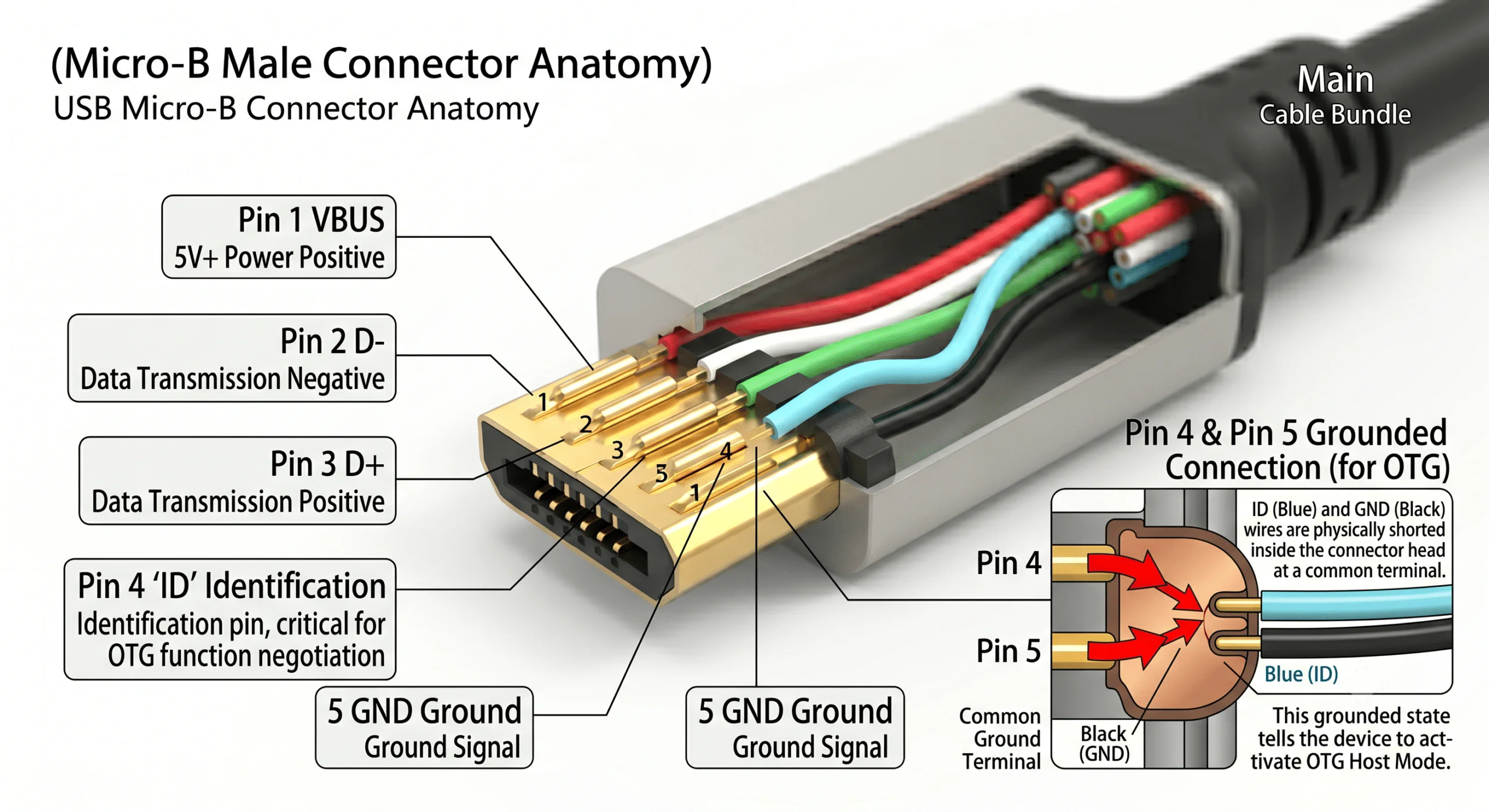 Standard USB 2.0 Micro USB cables contain 5 pins. The inclusion of a dedicated ID pin (Pin 4) is what separates it from traditional 4-pin USB Type-A connectors, enabling advanced device-to-device roles: Core Technical Point: When Pin 4 (ID pin) is shorted directly to Pin 5 (GND), the cable activates OTG Host mode. This allows industrial tablets or embedded boards to act as a master device and read USB drives, sensors, or communication modules directly without needing a PC host.