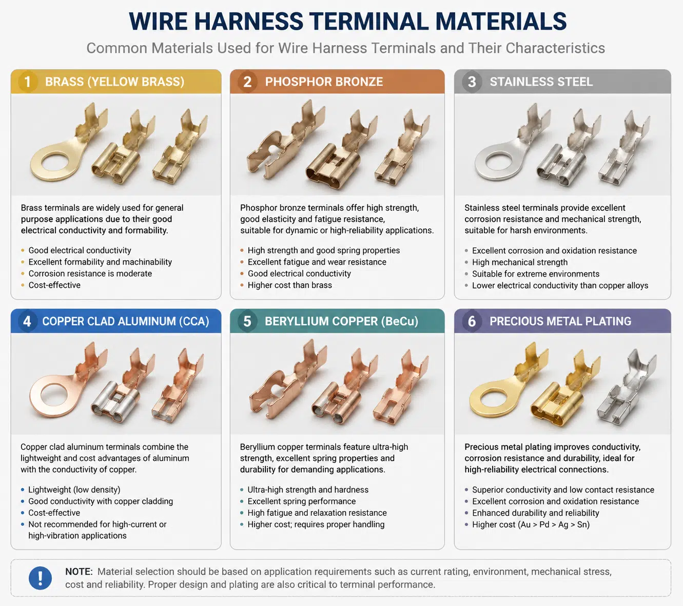Wire harness terminal material families