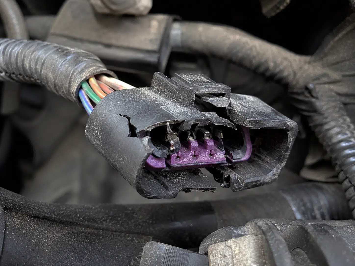 Connector housing cracked, terminals exposed; replacement required to prevent electrical failure.