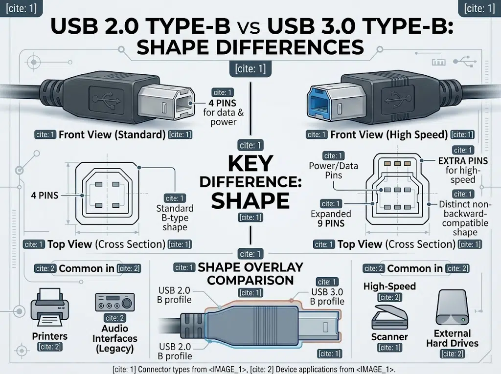 USB 2.0 and USB 3.x Type-B connector comparison