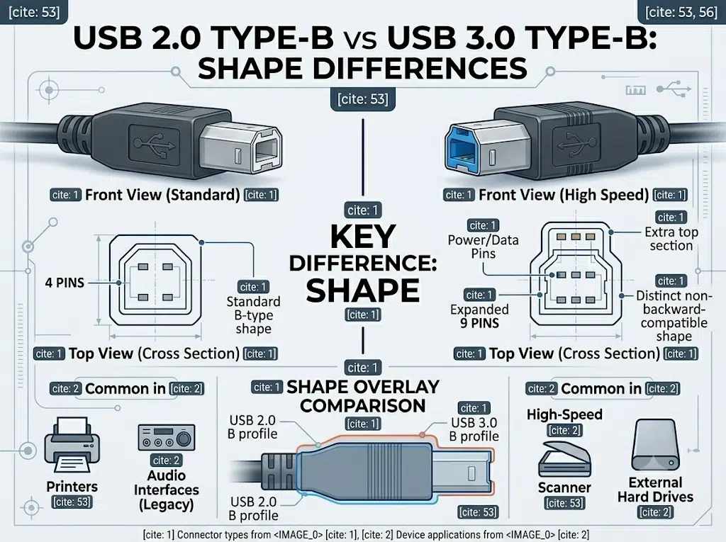 USB Type-B connector shapes and pin layout