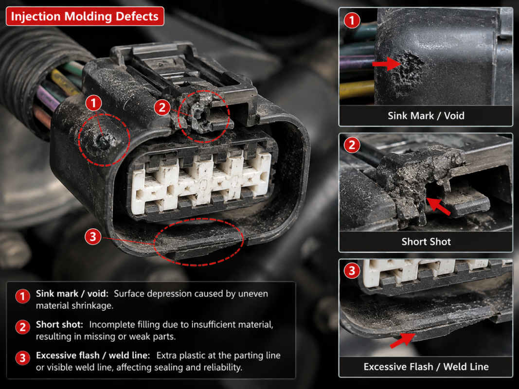 Automotive connector housing defect and terminal fit
