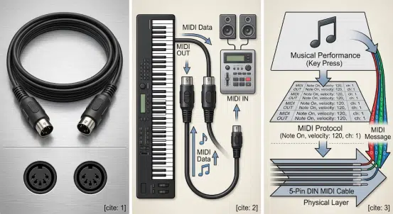 5-Pin DIN MIDI Cable, Connection, and Signal Transmission Diagrams