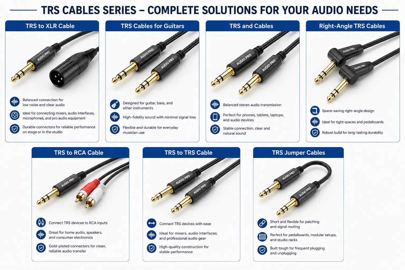 7 types of TRS cables for diverse audio connection needs.