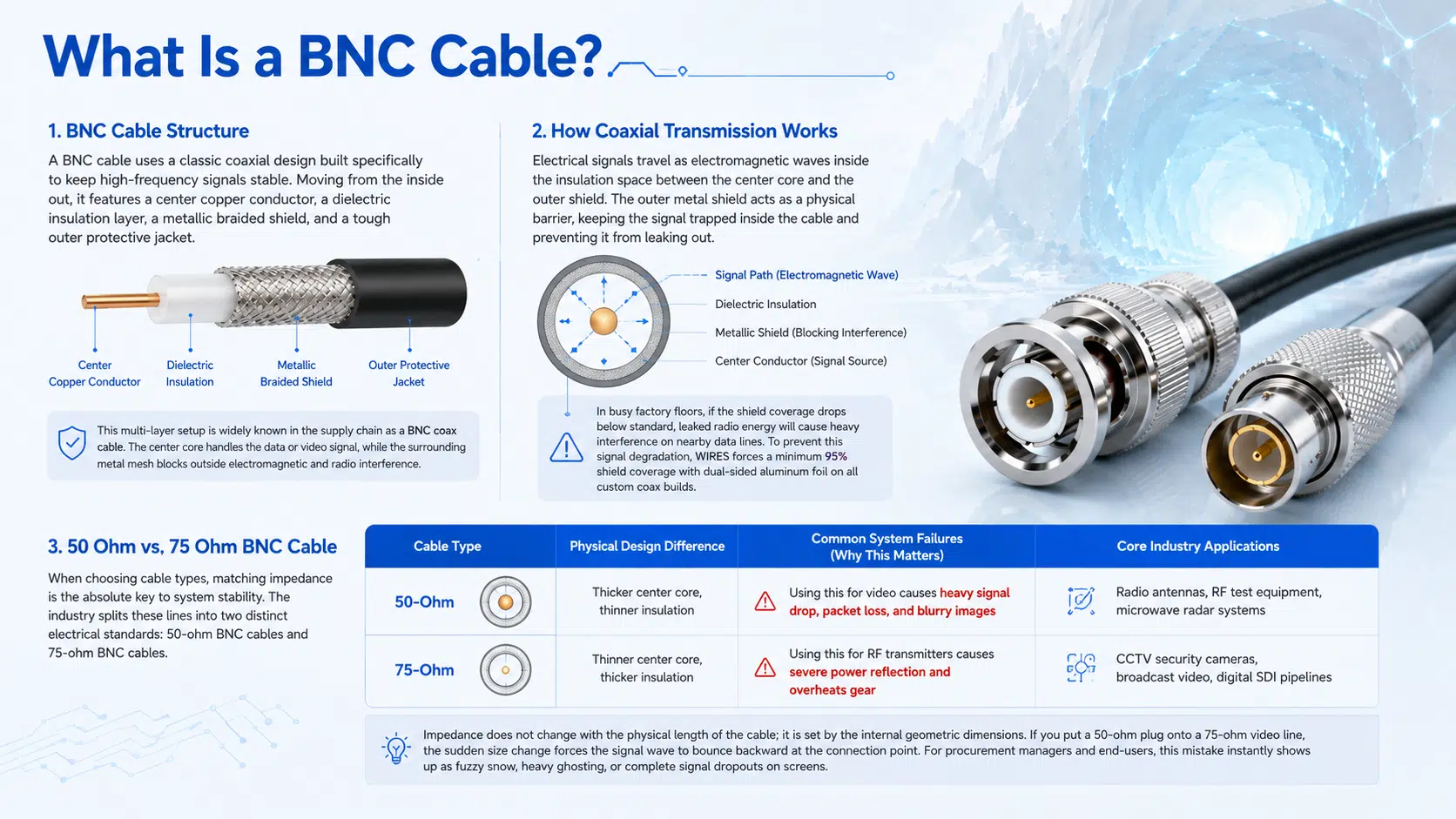 What Is a BNC Cable? 1. BNC Cable Structure A BNC cable uses a classic coaxial design built specifically to keep high-frequency signals stable. Moving from the inside out, it features a center copper conductor, a dielectric insulation layer, a metallic braided shield, and a tough outer protective jacket. This multi-layer setup is widely known in the supply chain as a BNC coax cable. The center core handles the data or video signal, while the surrounding metal mesh blocks outside electromagnetic and radio interference. 2. How Coaxial Transmission Works Electrical signals travel as electromagnetic waves inside the insulation space between the center core and the outer shield. The outer metal shield acts as a physical barrier, keeping the signal trapped inside the cable and preventing it from leaking out. In busy factory floors, if the shield coverage drops below standard, leaked radio energy will cause heavy interference on nearby data lines. To prevent this signal degradation, WIRES forces a minimum 95% shield coverage with dual-sided aluminum foil on all custom coax builds. 3. 50 Ohm vs. 75 Ohm BNC Cable When choosing cable types, matching impedance is the absolute key to system stability. The industry splits these lines into two distinct electrical standards: 50-ohm BNC cables and 75-ohm BNC cables. Cable Type Physical Design Difference Common System Failures (Why This Matters) Core Industry Applications 50-Ohm Thicker center core, thinner insulation Using this for video causes heavy signal drop, packet loss, and blurry images Radio antennas, RF test equipment, microwave radar systems 75-Ohm Thinner center core, thicker insulation Using this for RF transmitters causes severe power reflection and overheats gear CCTV security cameras, broadcast video, digital SDI pipelines Impedance does not change with the physical length of the cable; it is set by the internal geometric dimensions. If you put a 50-ohm plug onto a 75-ohm video line, the sudden size change forces the signal wave to bounce backward at the connection point. For procurement managers and end-users, this mistake instantly shows up as fuzzy snow, heavy ghosting, or complete signal dropouts on screens.