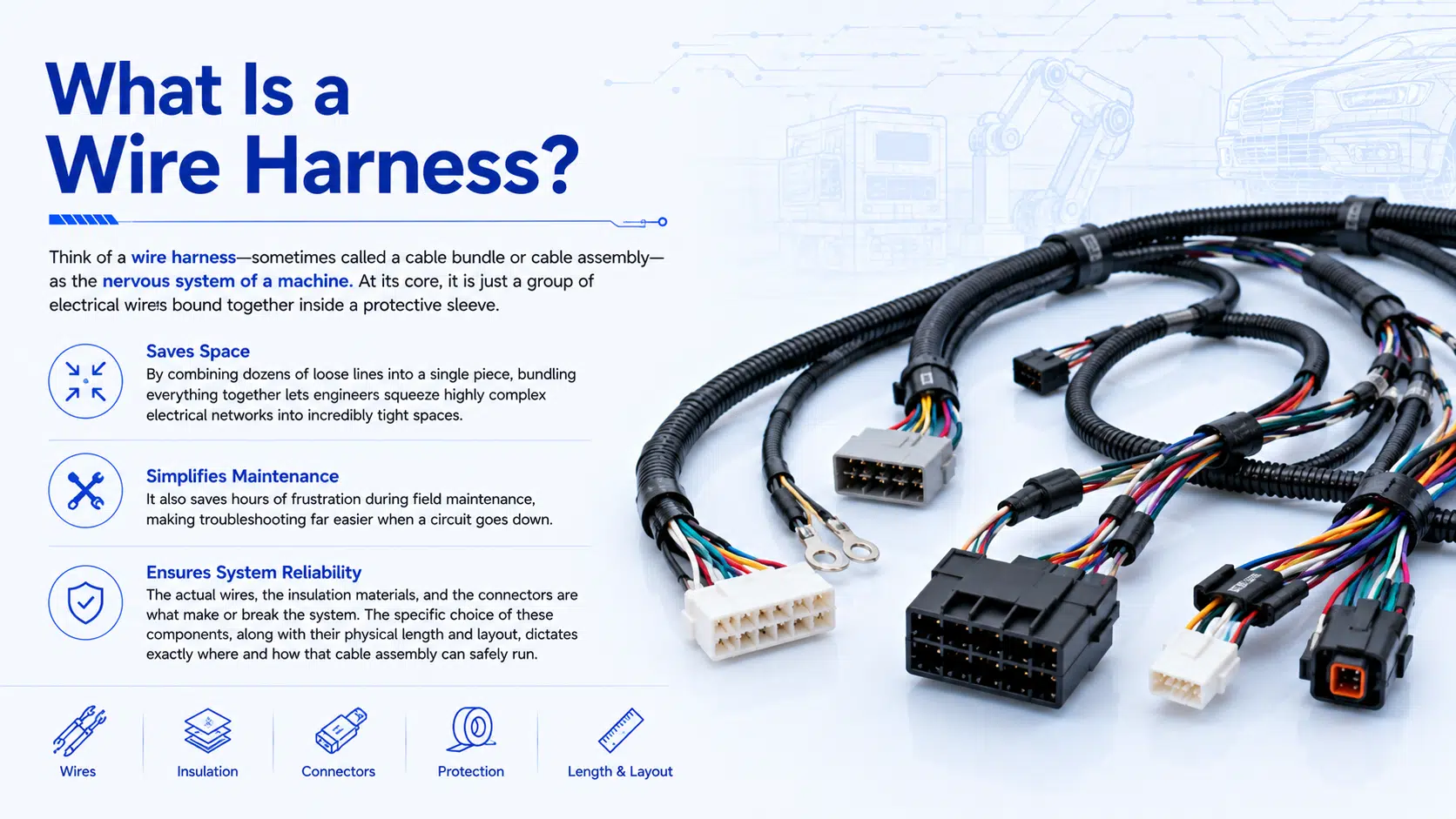 What Is a Wire Harness? Think of a wire harness—sometimes called a cable bundle or cable assembly—as the nervous system of a machine. At its core, it is just a group of electrical wires bound together inside a protective sleeve. But it does a lot more than just keep things looking neat. By combining dozens of loose lines into a single piece, bundling everything together lets engineers squeeze highly complex electrical networks into incredibly tight spaces. It also saves hours of frustration during field maintenance, making troubleshooting far easier when a circuit goes down. A common mistake is thinking a harness is just the plastic wrap or the zip ties holding the lines together. In reality, the actual wires, the insulation materials, and the connectors are what make or break the system. The specific choice of these components, along with their physical length and layout, dictates exactly where and how that cable assembly can safely run.