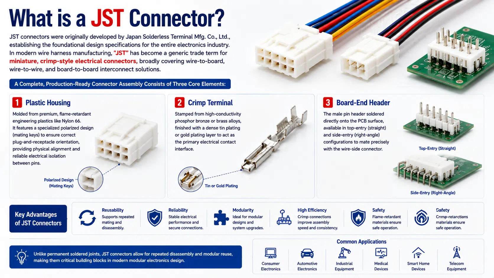 JST connector housing, crimp terminal, and PCB header