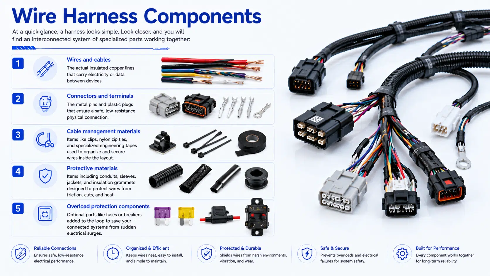 Wire Harness Components At a quick glance, a harness looks simple. Look closer, and you will find an interconnected system of specialized parts working together: Wires and cables: The actual insulated copper lines that carry electricity or data between devices. Connectors and terminals: The metal pins and plastic plugs that ensure a safe, low-resistance physical connection. Cable management materials: Items like clips, nylon zip ties, and specialized engineering tapes used to organize and secure wires inside the layout. Protective materials: Items including conduits, sleeves, jackets, and insulation grommets designed to protect wires from friction, cuts, and heat. Overload protection components: Optional parts like fuses or breakers added to the loop to save your connected systems from sudden electrical surges.
