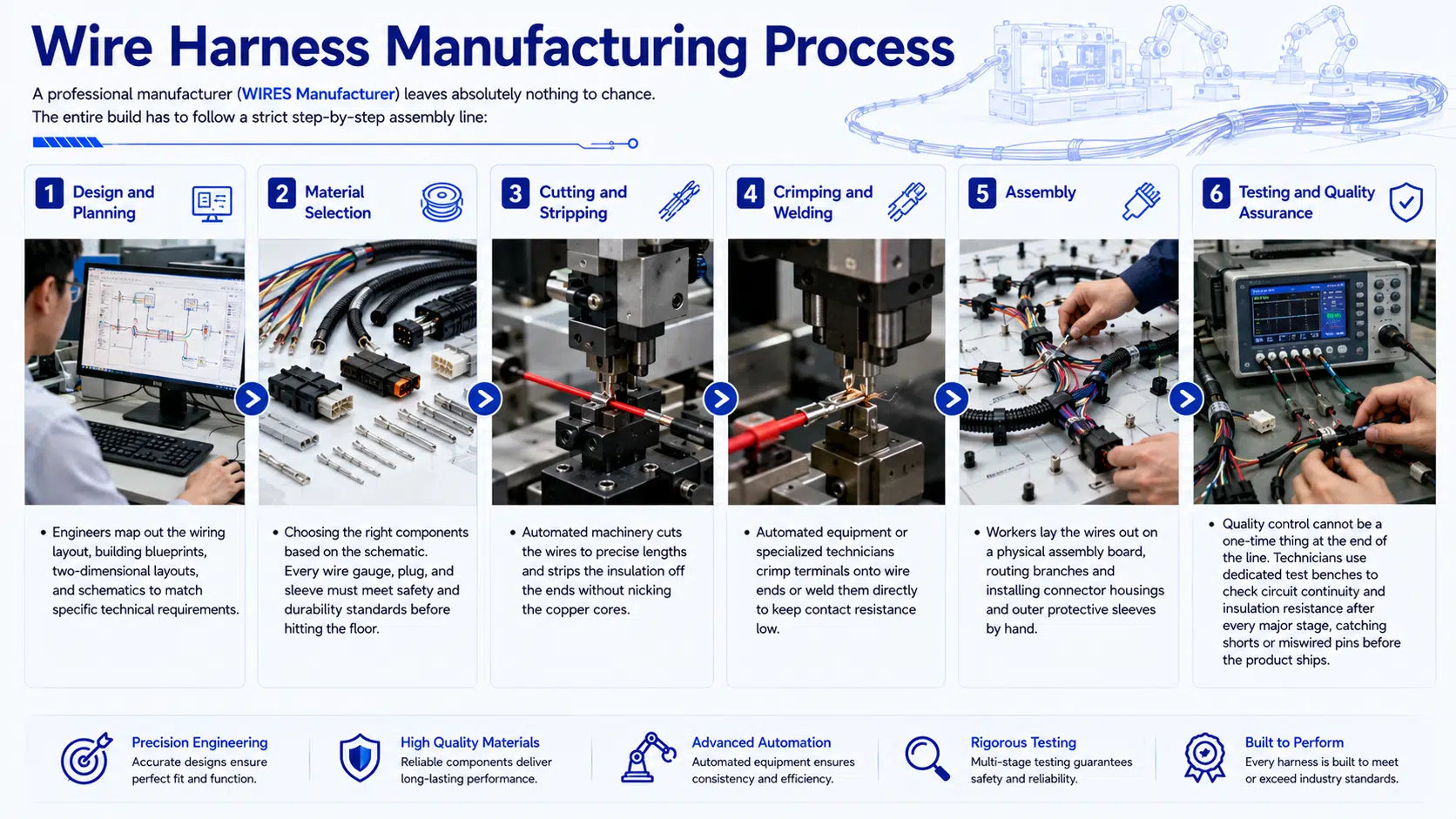 Wire Harness Manufacturing Process A professional manufacturer (WIRES Manufacturer) leaves absolutely nothing to chance. The entire build has to follow a strict step-by-step assembly line: Design and Planning: Engineers map out the wiring layout, building blueprints, two-dimensional layouts, and schematics to match specific technical requirements. Material Selection: Choosing the right components based on the schematic. Every wire gauge, plug, and sleeve must meet safety and durability standards before hitting the floor. Cutting and Stripping: Automated machinery cuts the wires to precise lengths and strips the insulation off the ends without nicking the copper cores. Crimping and Welding: Automated equipment or specialized technicians crimp terminals onto wire ends or weld them directly to keep contact resistance low. Assembly: Workers lay the wires out on a physical assembly board, routing branches and installing connector housings and outer protective sleeves by hand. Testing and Quality Assurance: Quality control cannot be a one-time thing at the end of the line. Technicians use dedicated test benches to check circuit continuity and insulation resistance after every major stage, catching shorts or miswired pins before the product ships.