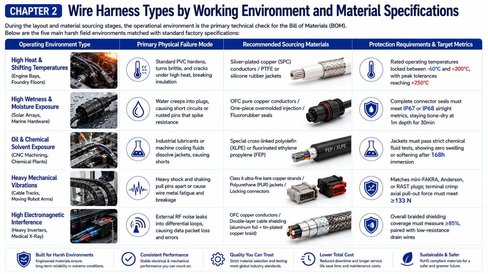 Wire harness materials by operating environment