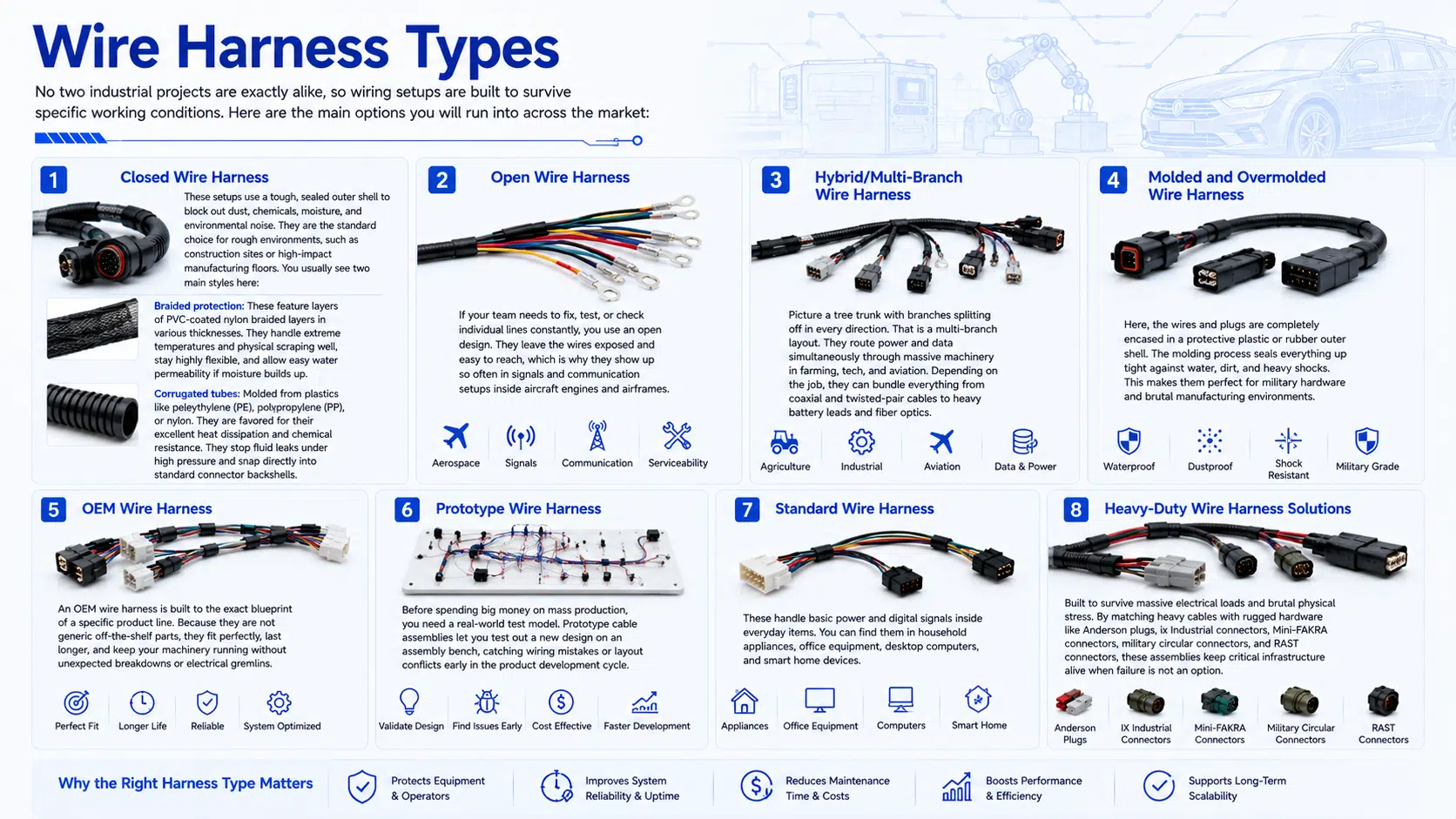 Wire Harness Types No two industrial projects are exactly alike, so wiring setups are built to survive specific working conditions. Here are the main options you will run into across the market: 1. Closed Wire Harness These setups use a tough, sealed outer shell to block out dust, chemicals, moisture, and environmental noise. They are the standard choice for rough environments, such as construction sites or high-impact manufacturing floors. You usually see two main styles here: Braided protection: These feature layers of PVC-coated nylon braided layers in various thicknesses. They handle extreme temperatures and physical scraping well, stay highly flexible, and allow easy water permeability if moisture builds up. Corrugated tubes: Molded from plastics like polyethylene (PE), polypropylene (PP), or nylon. They are favored for their excellent heat dissipation and chemical resistance. They stop fluid leaks under high pressure and snap directly into standard connector backshells. 2. Open Wire Harness If your team needs to fix, test, or check individual lines constantly, you use an open design. They leave the wires exposed and easy to reach, which is why they show up so often in signals and communication setups inside aircraft engines and airframes. 3. Hybrid/Multi-Branch Wire Harness Picture a tree trunk with branches splitting off in every direction. That is a multi-branch layout. They route power and data simultaneously through massive machinery in farming, tech, and aviation. Depending on the job, they can bundle everything from coaxial and twisted-pair cables to heavy battery leads and fiber optics. 4. Molded and Overmolded Wire Harness Here, the wires and plugs are completely encased in a protective plastic or rubber outer shell. The molding process seals everything up tight against water, dirt, and heavy shocks. This makes them perfect for military hardware and brutal manufacturing environments. 5. OEM Wire Harness An OEM wire harness is built to the exact blueprint of a specific product line. Because they are not generic off-the-shelf parts, they fit perfectly, last longer, and keep your machinery running without unexpected breakdowns or electrical gremlins. 6. Prototype Wire Harness Before spending big money on mass production, you need a real-world test model. Prototype cable assemblies let you test out a new design on an assembly bench, catching wiring mistakes or layout conflicts early in the product development cycle. 7. Standard Wire Harness These handle basic power and digital signals inside everyday items. You can find them in household appliances, office equipment, desktop computers, and smart home devices. 8. Heavy-Duty Wire Harness Solutions Built to survive massive electrical loads and brutal physical stress. By matching heavy cables with rugged hardware like Anderson plugs, ix Industrial connectors, Mini-FAKRA connectors, military circular connectors, and RAST connectors, these assemblies keep critical infrastructure alive when failure is not an option.