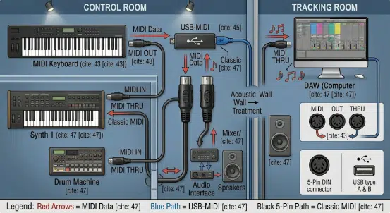 MIDI Cable Setup and Device Connection Diagram in a Recording Studio