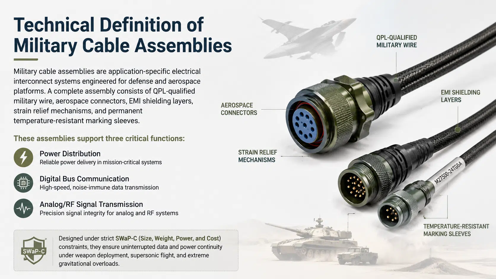 Military cable assembly components and construction